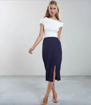 REISS Beau Double Split Pencil Skirt Size 10 NEW Navy Blue $245 Midi